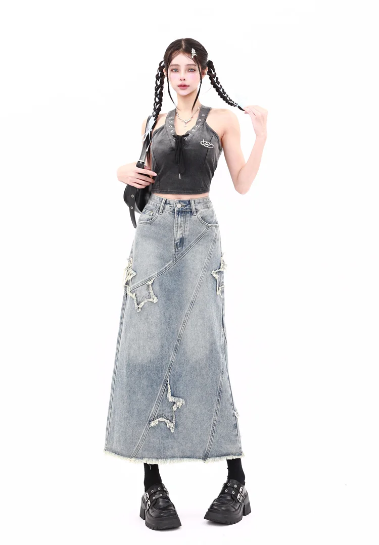 Женская джинсовая юбка трапециевидной формы винтажная элегантная ковбойская в