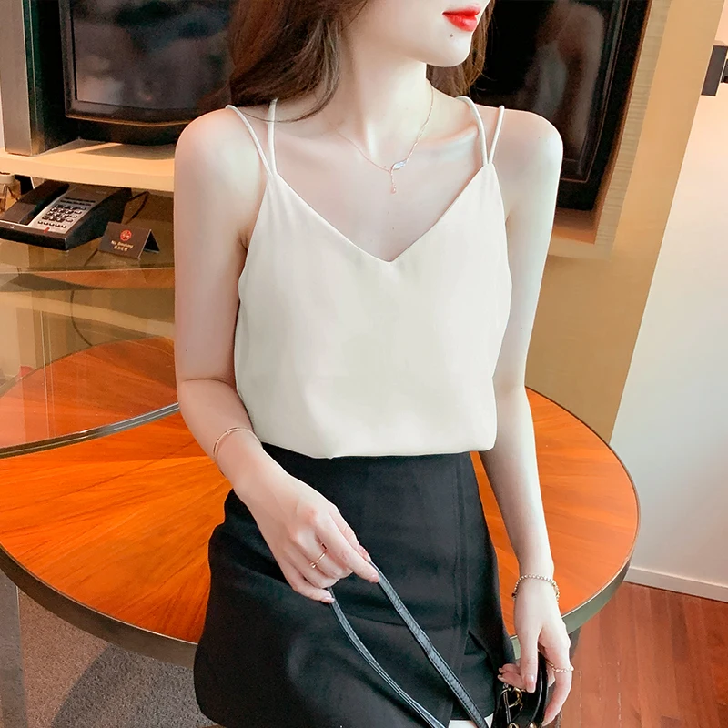 

Acetate SATIN Summer Clothing For Women Korean Fashion Vest Casual Camis V-Neck Tank Tops White Color Crop Top Ladies Blouses