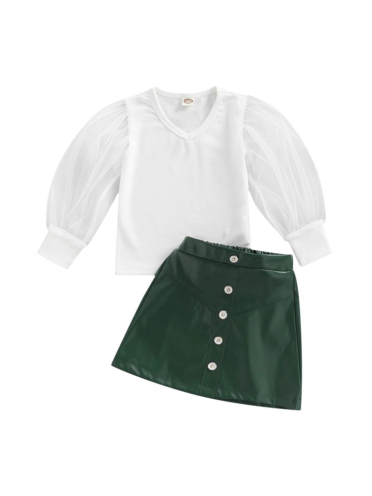 

2Pcs Toddler Baby Girl Fashion Outfits Baby Girl Mesh Sheer Long Sleeves Blouse Top A-Line Leather Mini Skirt Sets
