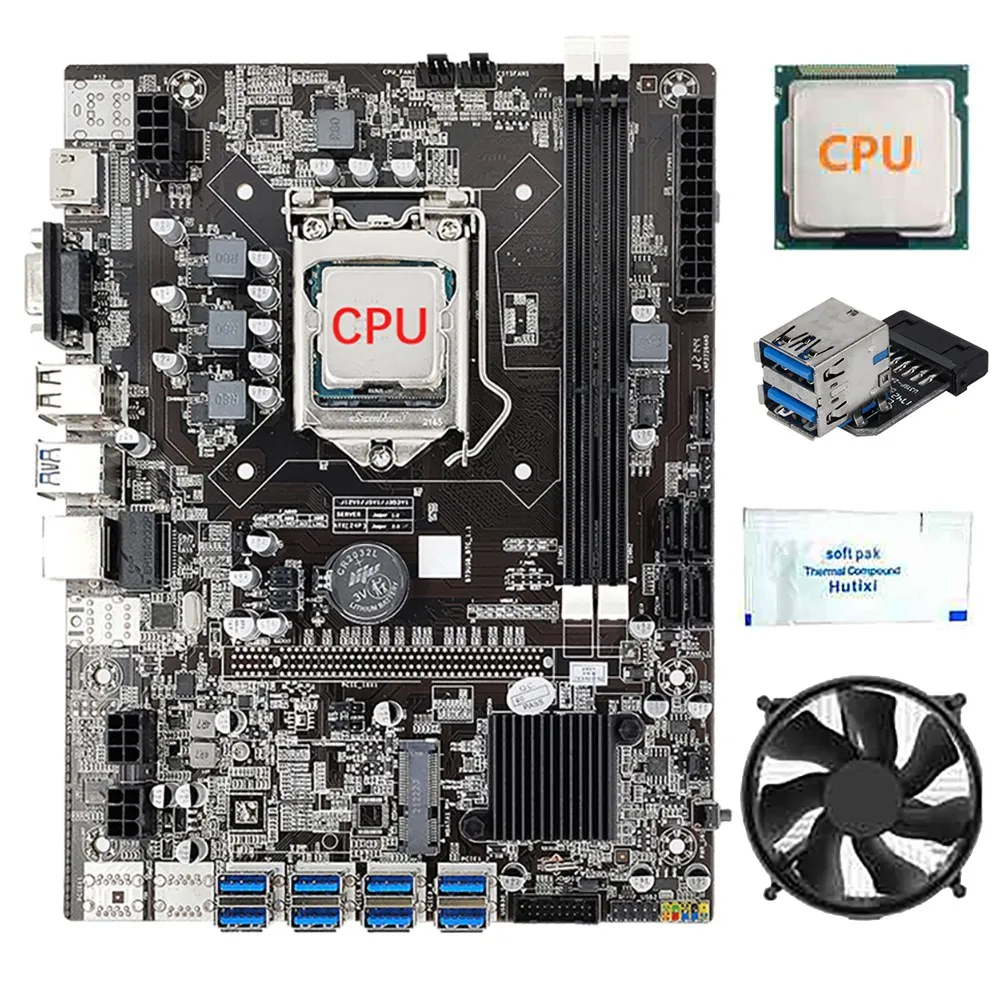 B75 8 GPU BTC/ETH Mining Motherboard+CPU+Fan+Thermal Grease+USB3.0 19/20 Pin Adapter 8 USB3.0 Slot LGA1155 DDR3 SATA3.0