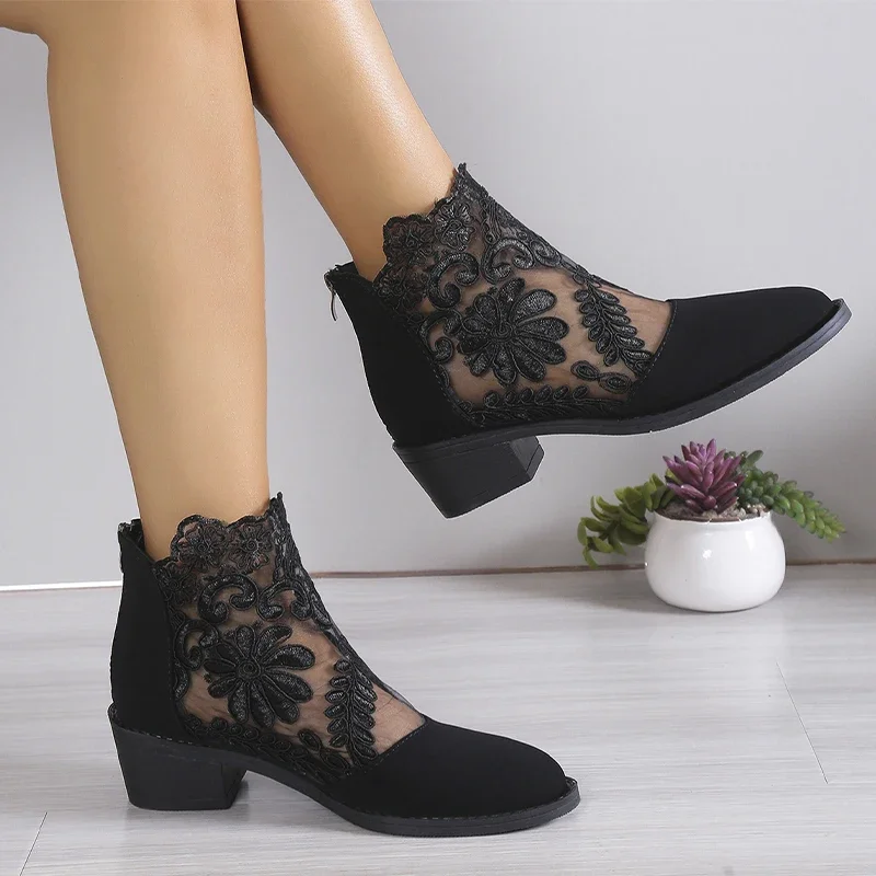 

Женские сетчатые туфли до щиколотки, на среднем каблуке, с острым носком и кружевом, Осенние брендовые туфли-лодочки, 2024