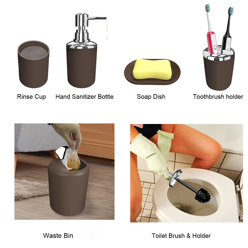 luxury bathroom accessories set 6 pcs plastic gift set toothbrush holder cup soap dispenser soap dish toilet brush trash can set free global shipping