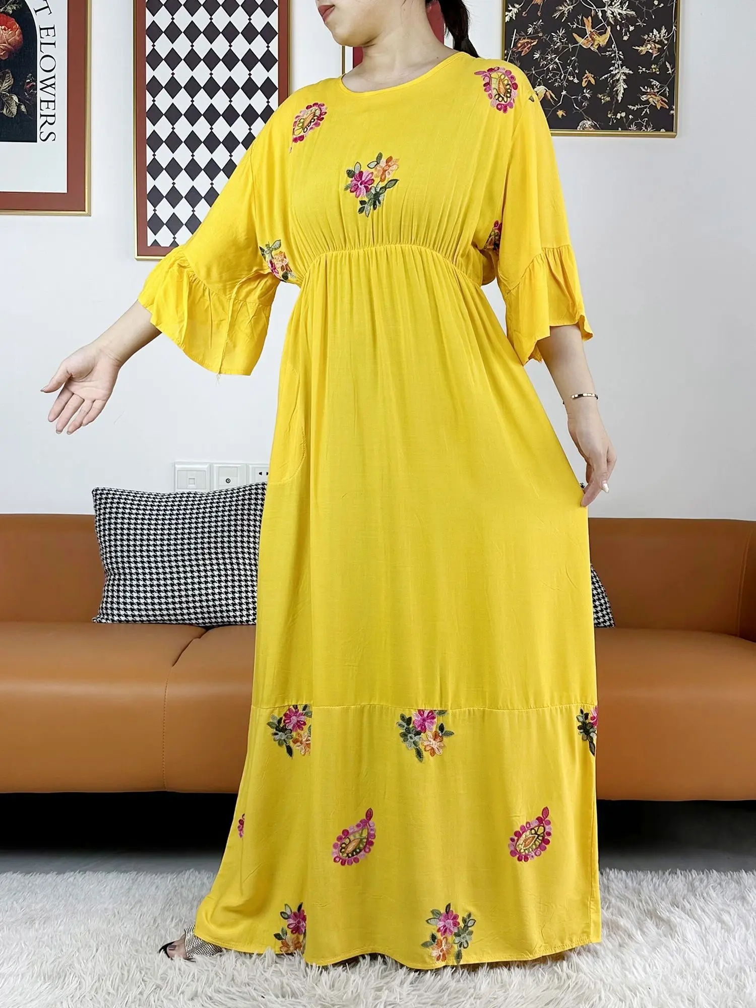2023 New Muslim Women Long Sleeve Dashiki Dress Solid Embroider Floral Boubou Maxi Islam Women Dress African Abaya Clothes