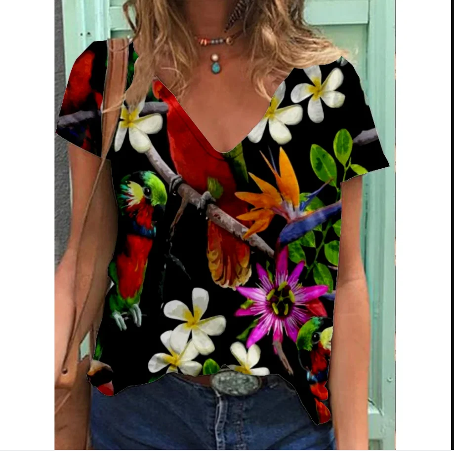 

Женская футболка с цветочным принтом, Свободный пуловер с V-образным вырезом и коротким рукавом, уличная одежда с 3D-принтом, лето 2023