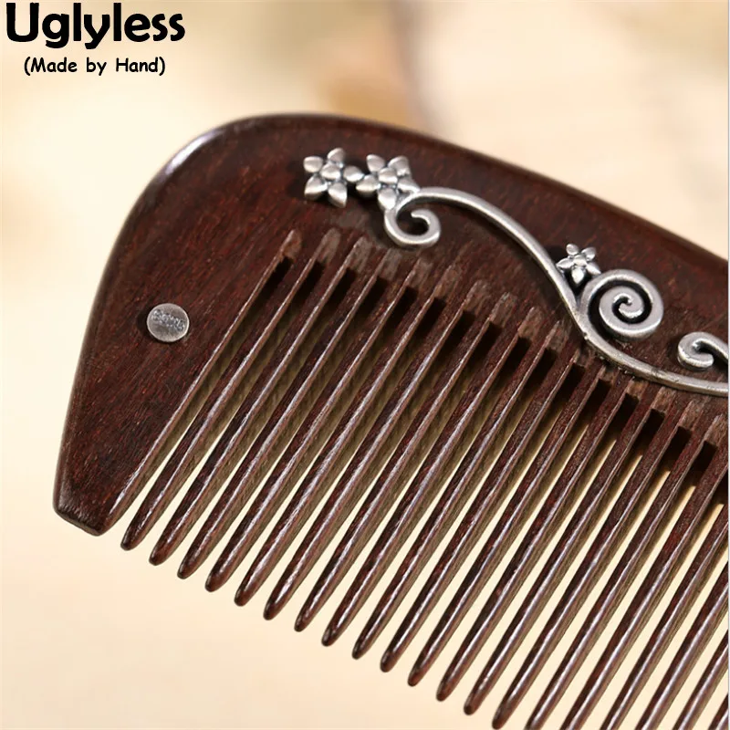 

Uglyless Real Natural Sandalwood Hair Combs Women Classic Eastern Hair Jewelry 925 Silver Handmade Deer Lotus Flowers Hairwear