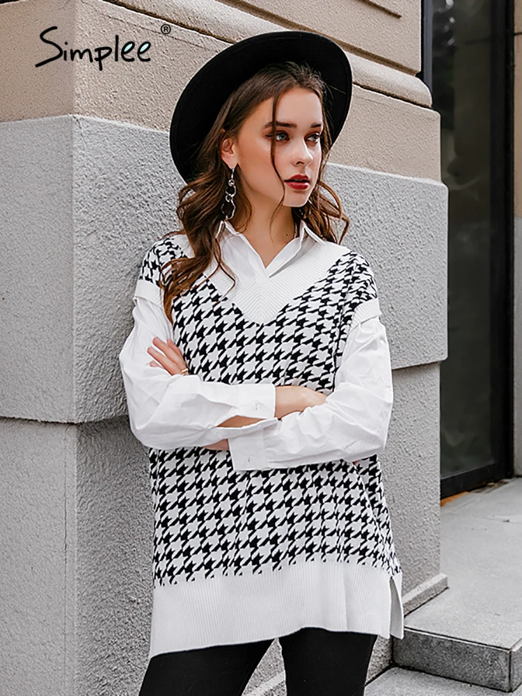 Simplee Houndstooth knitted sweater vest women V neck sleeveless oversized pullover vintage Fall winter female waistcoat | Женская