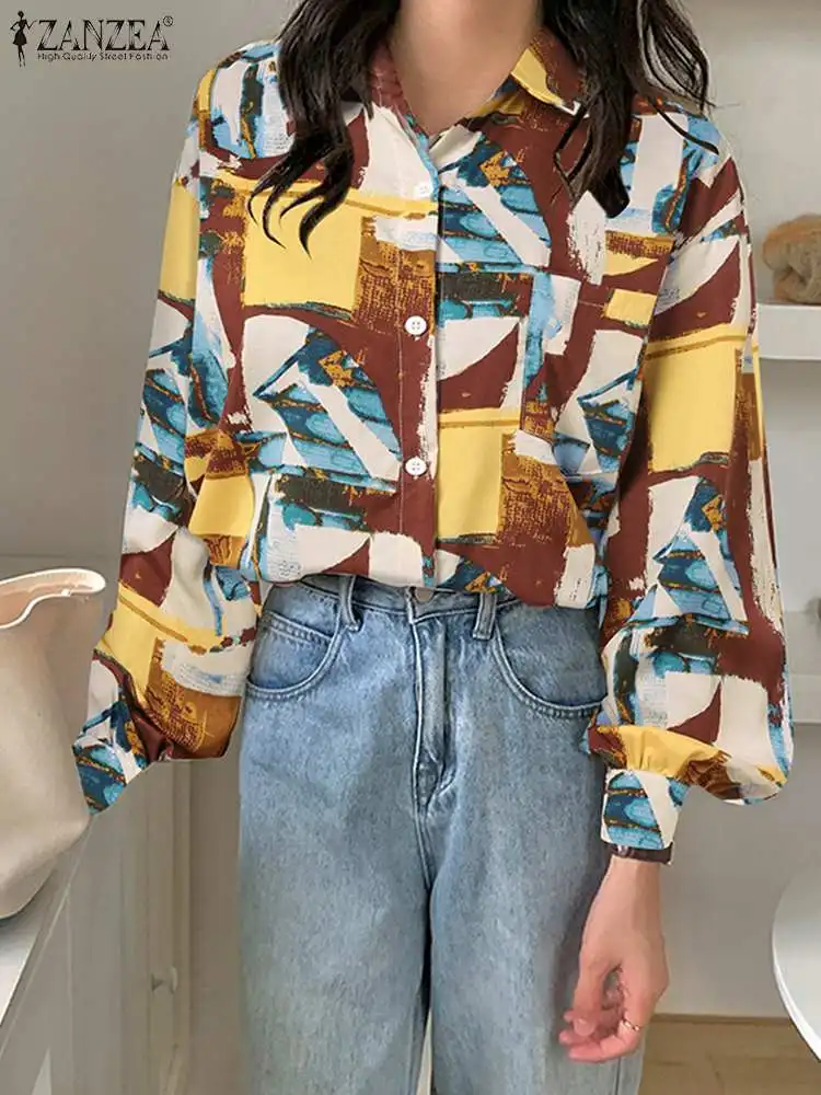 

ZANZEA Bohemian Women Blouse Lapel Fashion Geometry Printed Shirts Long Sleeve Tops Tunics 2023 Summer Buttons Pocket Blusas
