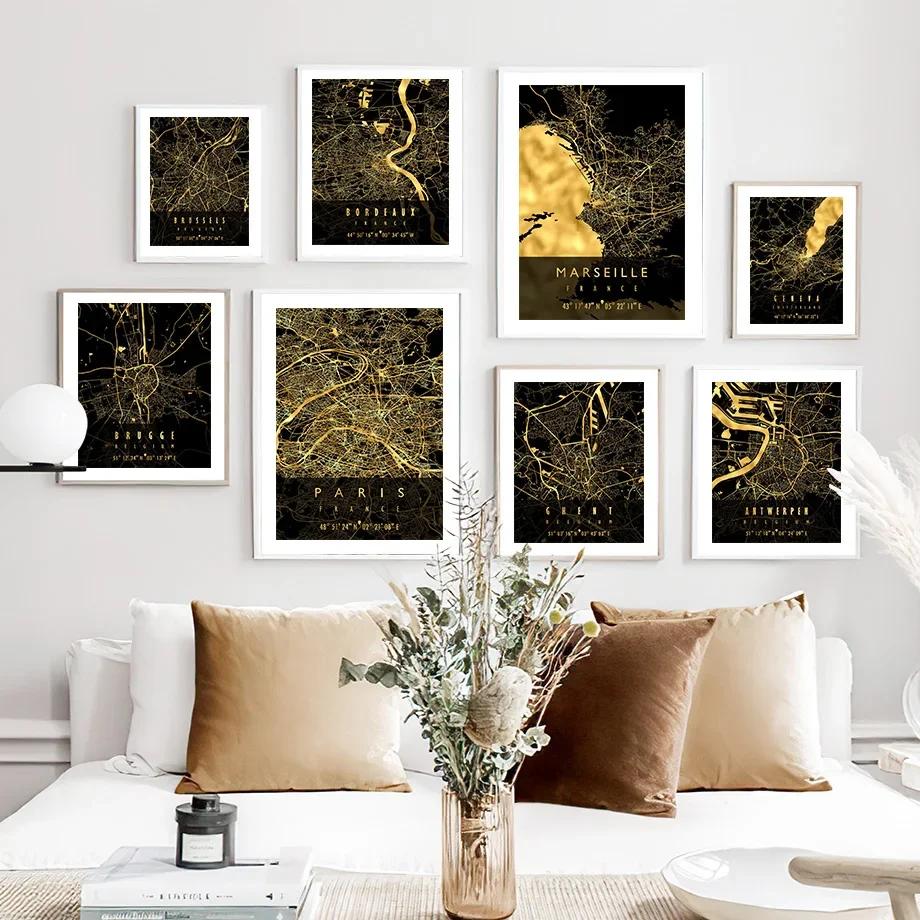 Настенная живопись на холсте черная золотая французская Карта Города Парижа