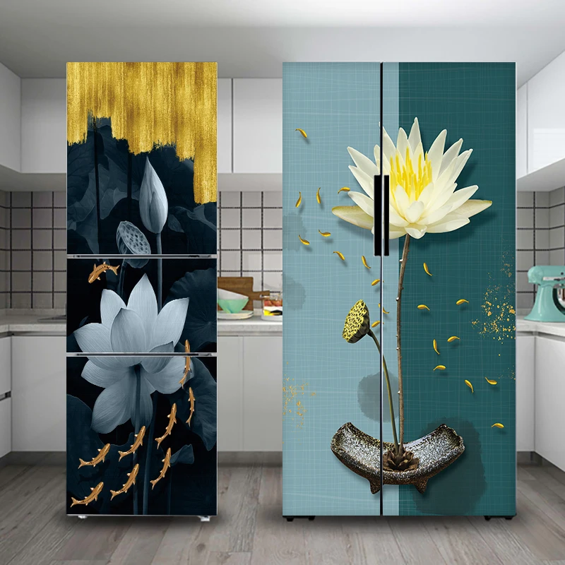 

28 Styles Refrigerator Sticker Full Film Kitchenware Peel & Stick Waterproof Double Door Freezer Cupboard Decoration Wallpapers