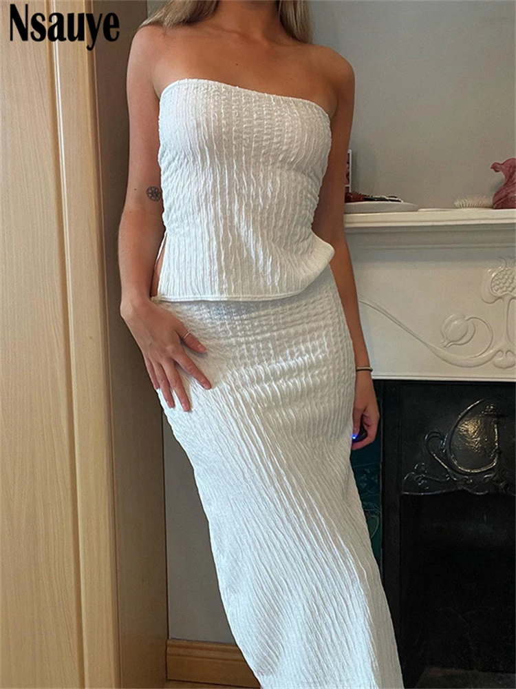 

Nsauye Летний Пляжный наряд для женщин 2023 сексуальный клубный короткий Топ без бретелек и облегающая длинная юбка с высокой талией комплект из двух предметов