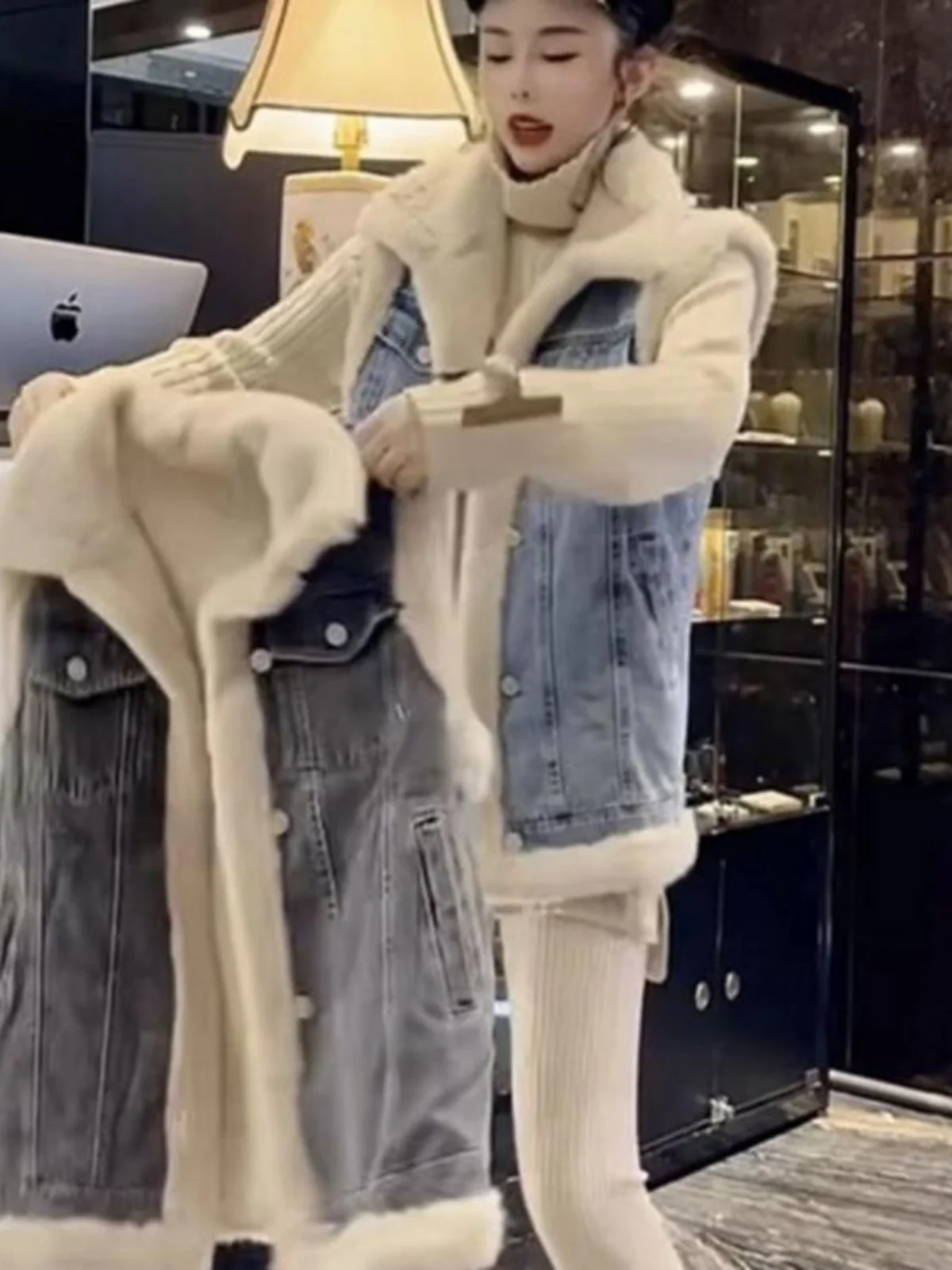 Лоскутный джинсовый жилет из овечьей шерсти с лацканами женский осенне-зимний