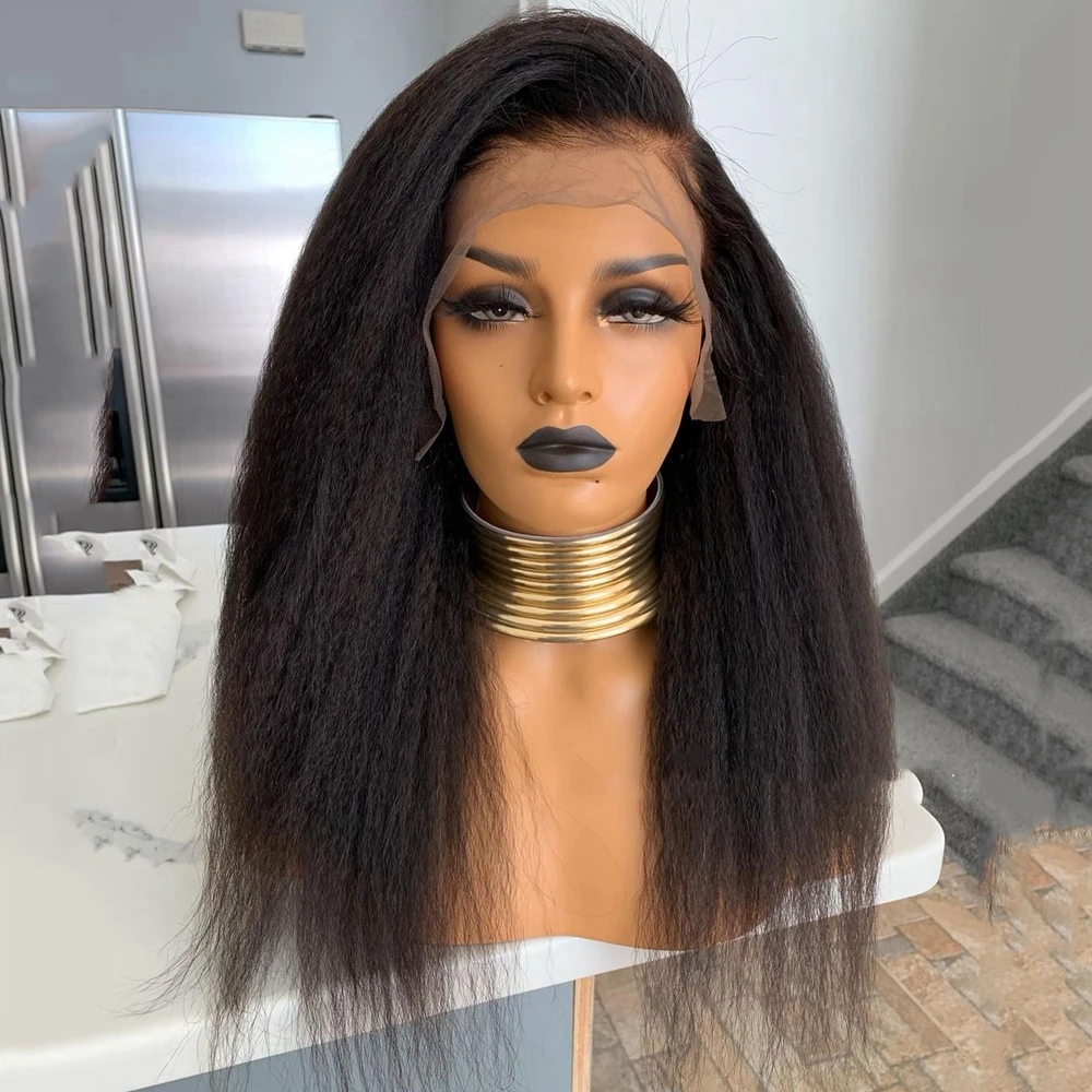 

Natural Black Color 180Density Long Yaki Kinky Straight Synthetic Lace Front Wig Glueless For Women BabyHair Preplucked Daily