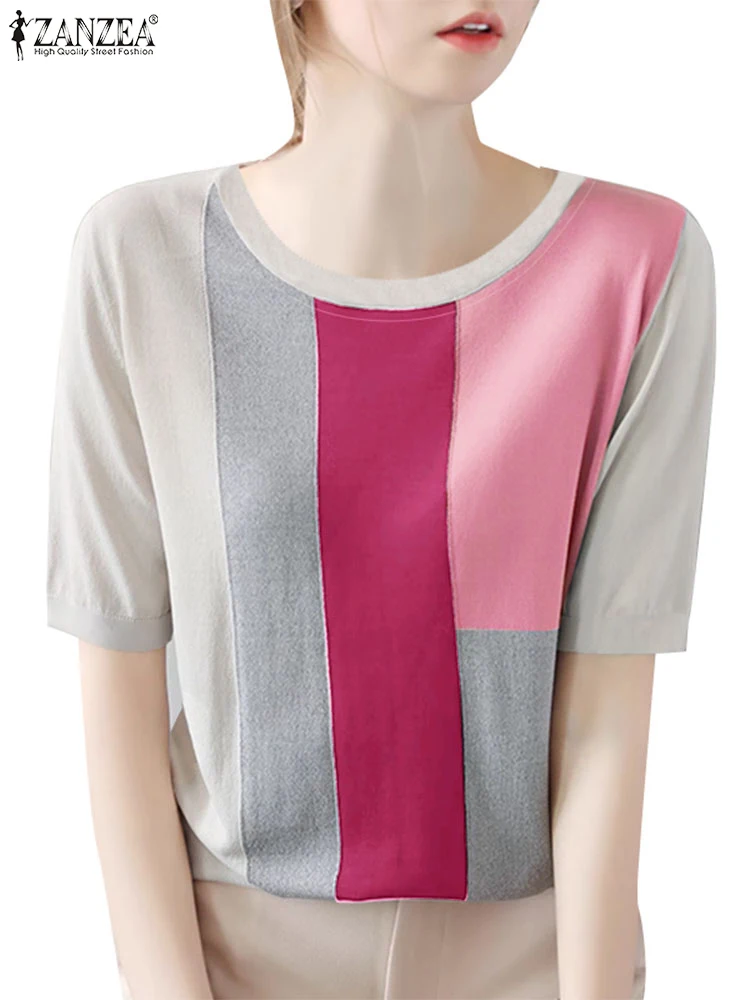 ZANZEA повседневные уличные модные футболки в стиле пэчворк с коротким рукавом