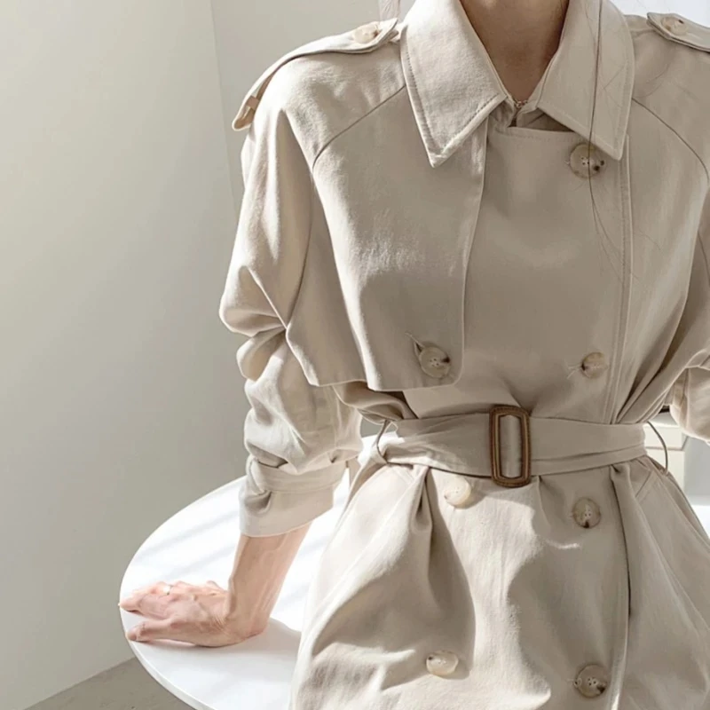 Женский двубортный длинный Тренч повседневное элегантное Свободное пальто на