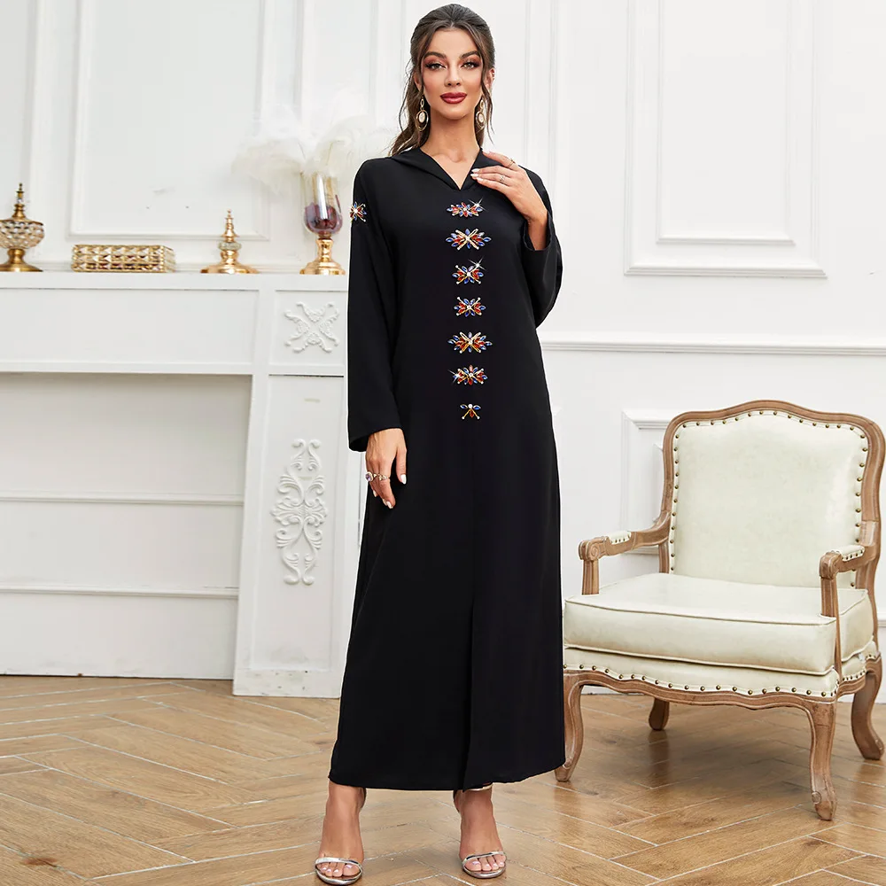 Black Abayas For Women Diamonds Hooded Robe Middle East Arabic Ramadan Abaya Muslim Dress Robe Femme Musulmane