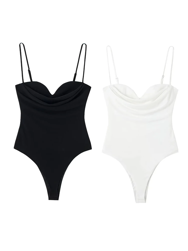 

xikom Women Fashion With Sweetheart Neck Draped Bodysuits Vintage Backless Zipper Thin Straps Female Playsuits Mujer