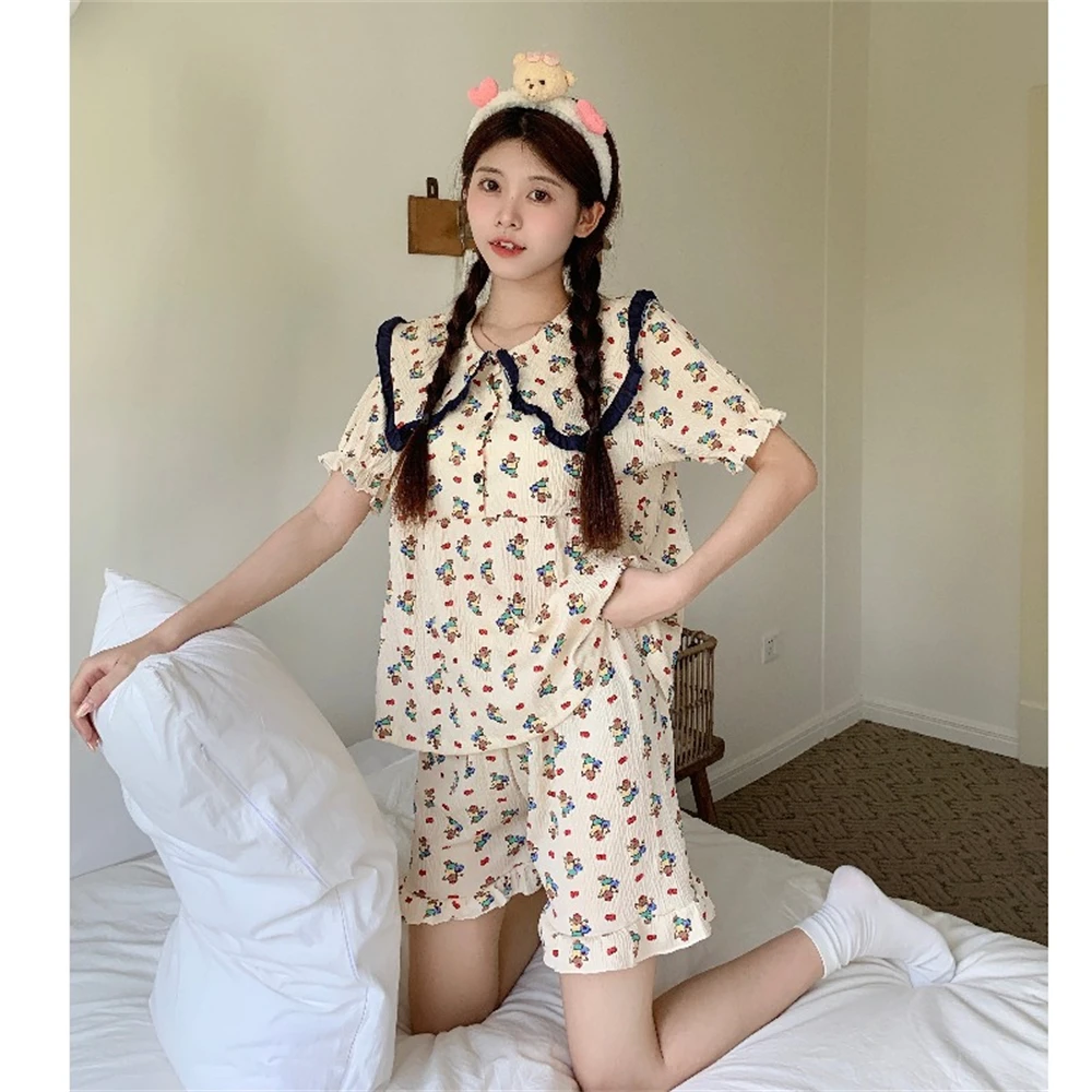 French Cute Apple Bear Navy Neck Short Sleeve Shorts Summer Set Women's Home Comfortable Sleepwear Two Piece Set