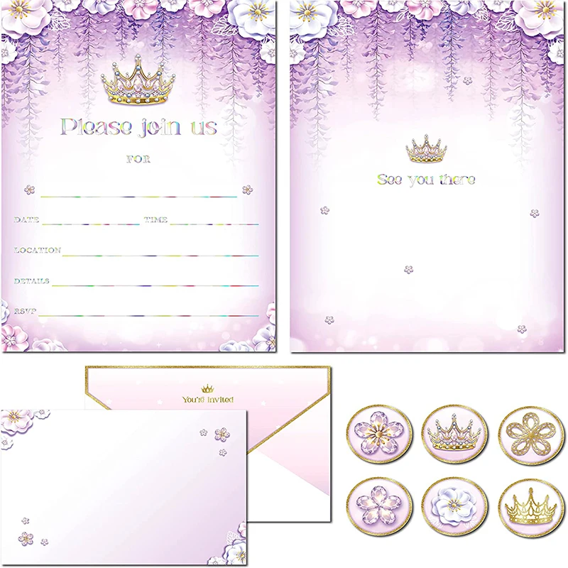

Purple Invitation Card Crown Floral Invites for Girl Lavender BirthdayParty Card Birthday Wedding Invitation Card Party Supplies