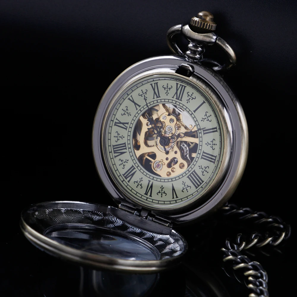 New Transparent Cover Pattern Mechanical Manual Pocket Watch Gold Roman Digital Skull Dial Pendant Automatic Antique Clock