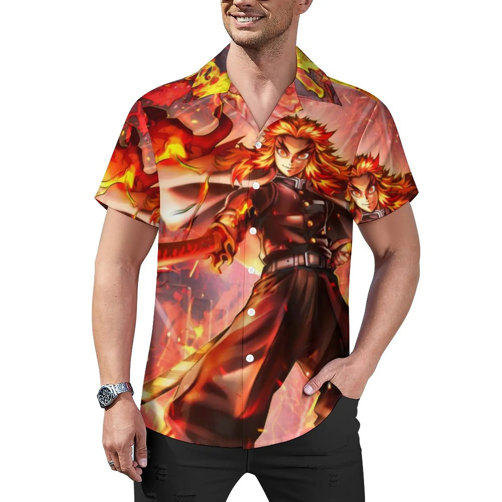 

Demon Slayer Blouses Men Rengoku Kyojuro Anime Casual Shirts Short-Sleeve Print Trendy Oversized Vacation Shirt Birthday Present