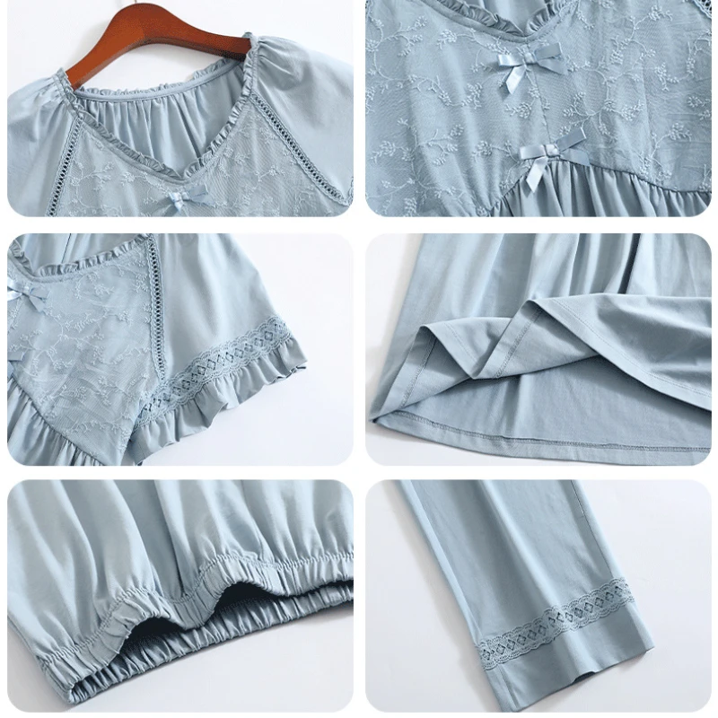 2023new Pajamas for Women's Summer Thin Cool Casual Simple and Cute Short-sleeved Trousers Home Service Suit Can Be Worn Outside