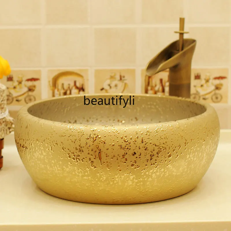 

zqTable Basin Bathroom Ceramic Basin Washbasin Art Basin Wash Basin Golden Floral