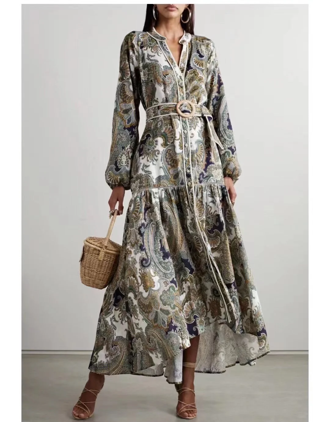 

Женское винтажное платье миди из рами, элегантное платье с цветочным принтом, полуоткрытым воротником и оборками, 2023