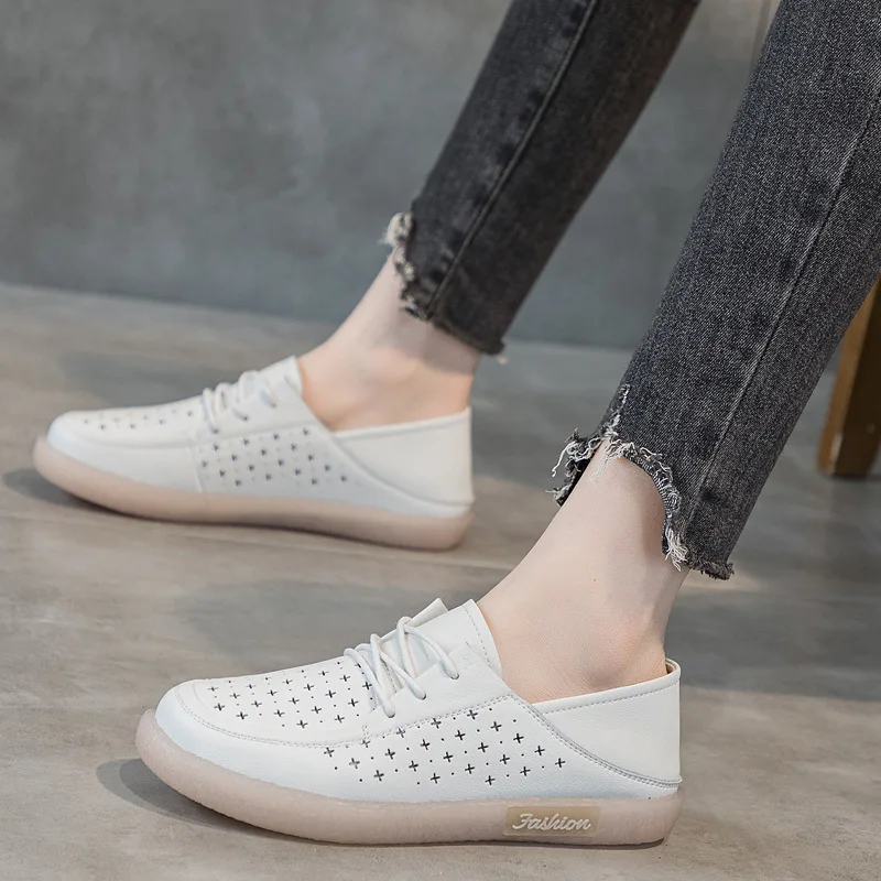 Flat Shoes Women's Genuine Leather Small White Shoes 2023 New Breathable Openwork Loafers Comfortable Nurse Shoes Single Shoes