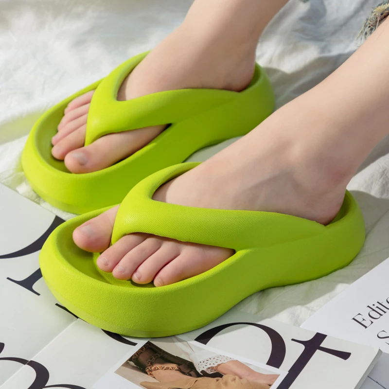 Women Funky Green Simplicity Flip Flops Heighting Platform Beach Slippers Summer Leisure Open Toe Slides Soft EVA Bathroom Shoes