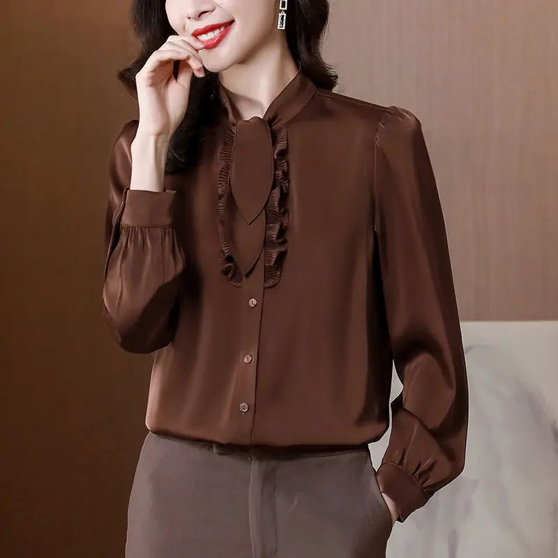

Blouse female silk shirt jacket female 2022 spring new wild foreign Korean version of the loose mulberry silk solid color shirt