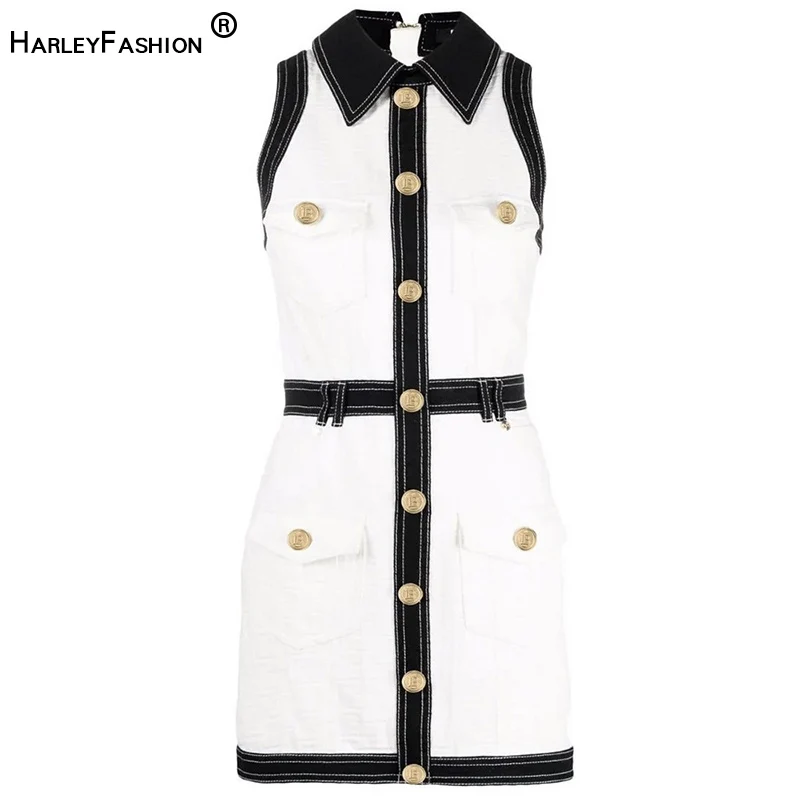 New Summer Sleevless Polo Collar White Washed Denim Pattern Elegant Short Quality Women Casual Tank Dress