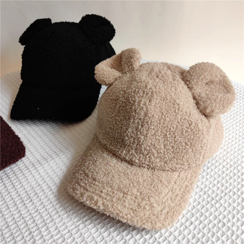 

Korean Sweet Cute Lamb Wool Bear Ears Baseball Cap Women Autumn and Winter Thickening Leisure All-match Plush Warm Casquette Hat