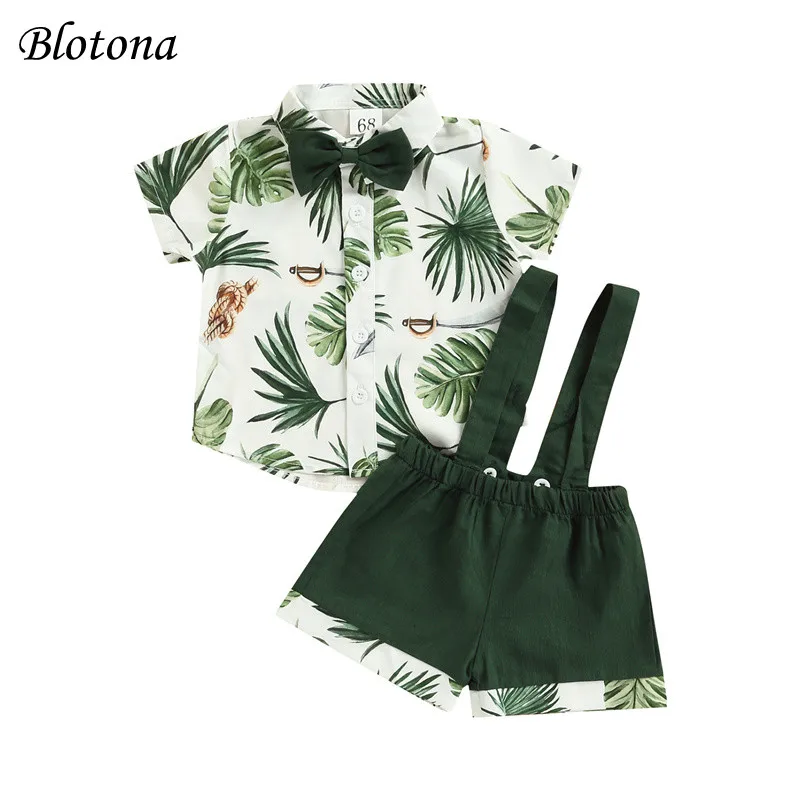 

Костюмы для новорожденных Blotona, джентльменские Топы с коротким рукавом и принтом листьев и бантом + шорты на бретелях, Комплект 0-18 м