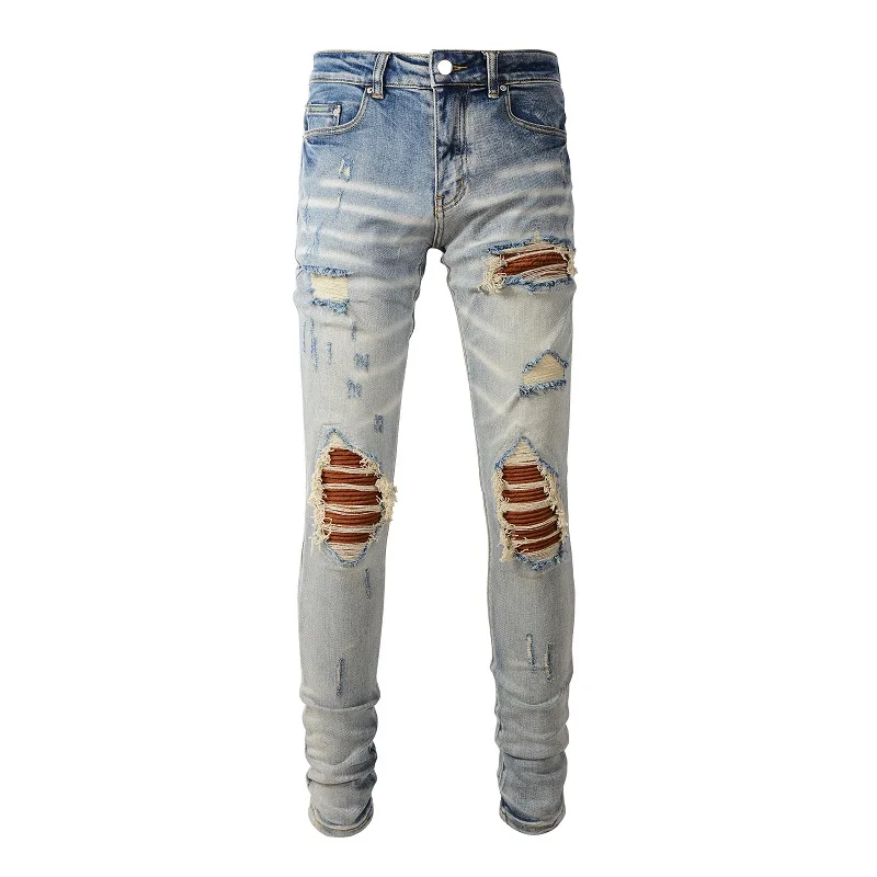 

Rock punk style design Men Pleated Patch Biker Jeans Streetwear Ripped Patchwork Stretch Denim Pants Skinny Trousers blue jeans
