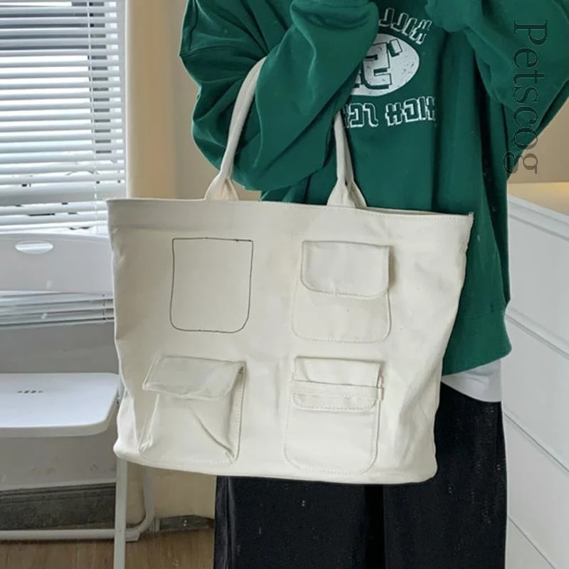 

Холщовая Вместительная женская сумка-тоут, мягкая однотонная сумка на плечо с карманом для студентов, модная повседневная дорожная дамская...
