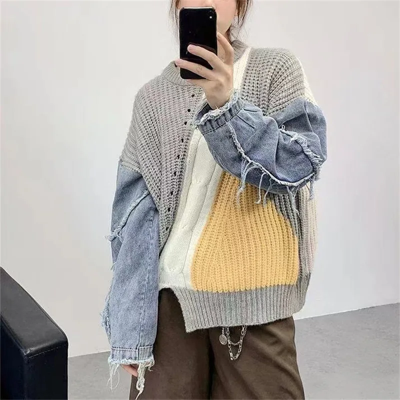 

Denim Splicing Fried Dough Twist Women's New Sweater Spring and Autumn Pullover Top Long Sleeve Korean Style Loose Knit Women's