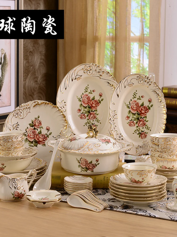 

70 sets of European porcelain palace tableware Middle East pure handmade luxury relief gold painted ceramic tableware set