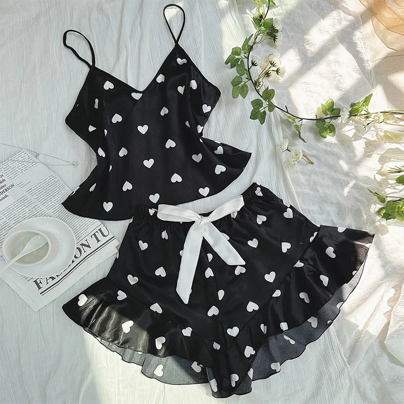 Women Pajamas Sets 2pcs Satin Silk Heart Print Pijamas Pyjama Female Sleepwear Cami Top Shorts for Woman Homewear Loungewear