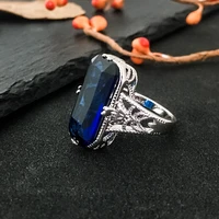 sapphire gemstone ring hollowed out carved silver rings exaggerated silver hand jewelry fine jewelri for women