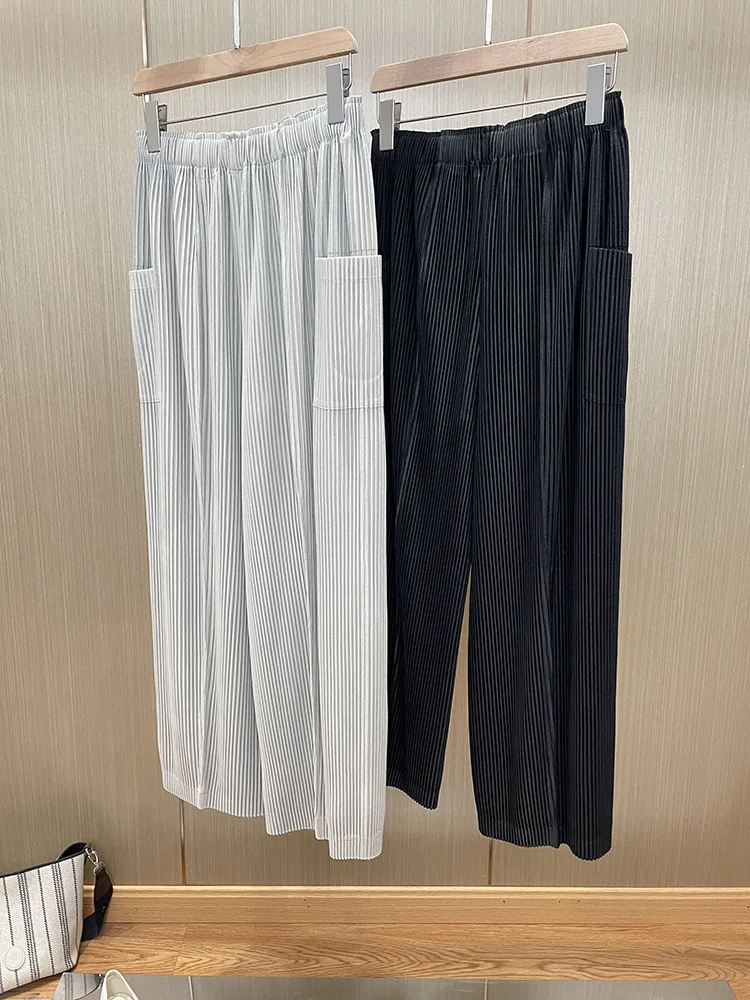 Women Trousers Wrinkled Solid Loose Straight Elastic High Waist Wide Leg Pants Casual Spring Summer 2023