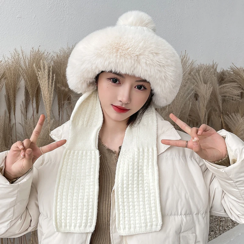 

Ladies Winter Warm Soft Plush Faux Fur Hooded Cap Set High Quality Hat Scarves Scarf A Nice Gift For Woman Girl