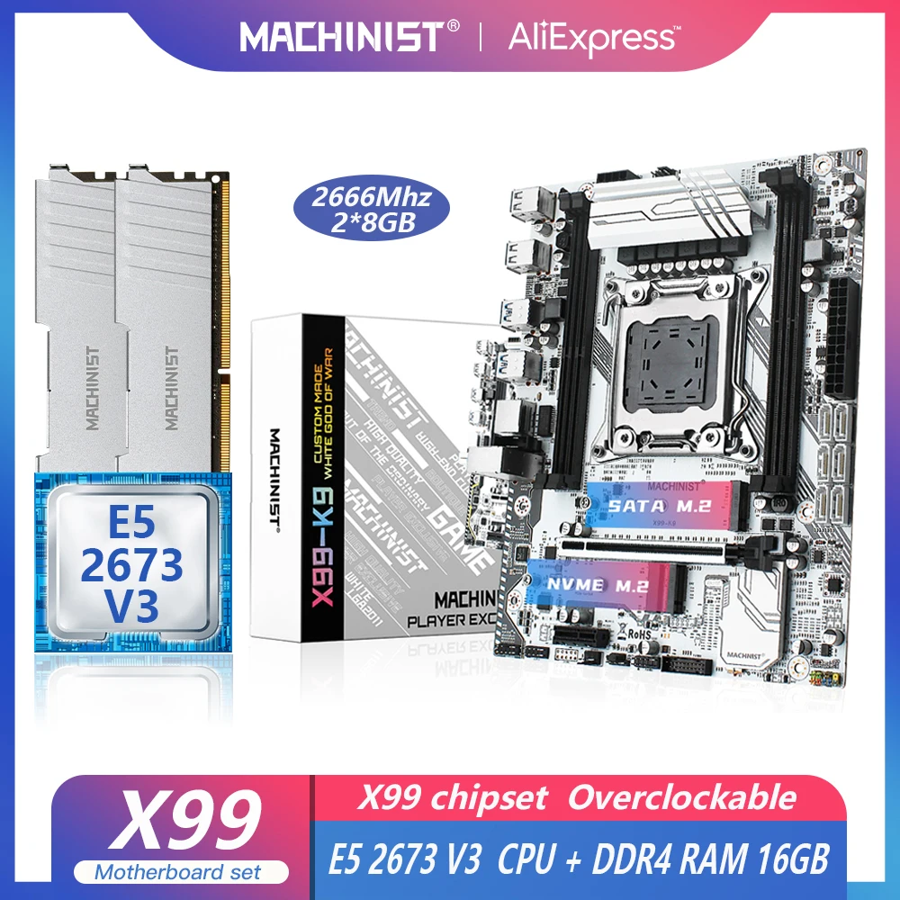 

MACHINIST X99 материнская плата LGA 2011-3 комплект с процессором Intel Xeon E5 2673 V3 16G(2*8) DDR4 2666MHZ RAM Four-Channe X99-K9