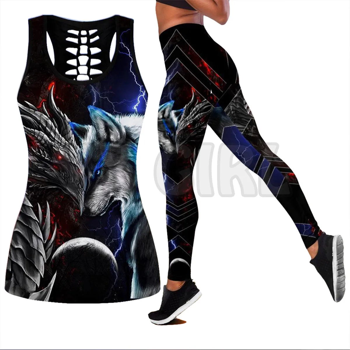 Dragon and wolf   3D Printed Tank Top+Legging Combo Outfit Yoga Fitness Legging Women