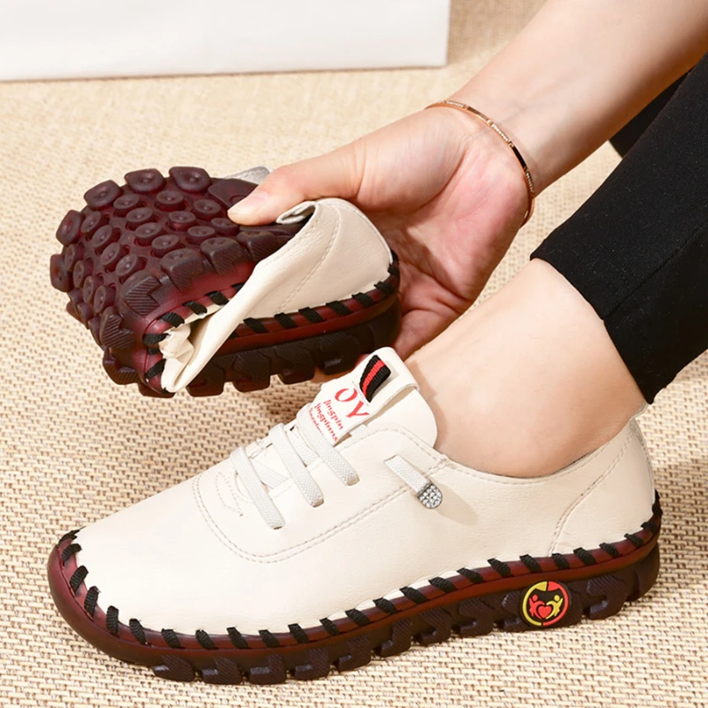 2023 Spring Casual Comfortable Women Shoes Platform Loafers Lace-up Leather Flats Slip-On Mom Shoe Mujer Zapatos Chaussure Femme