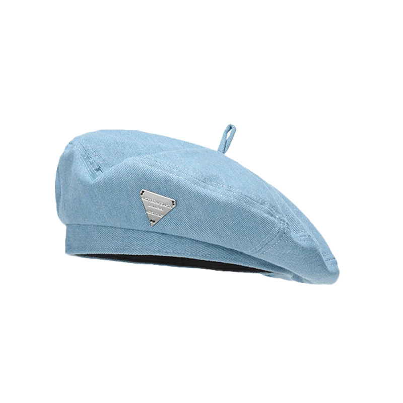 Женские Хлопковые Джинсовые Однотонные Береты Синего Цвета С Треугольными