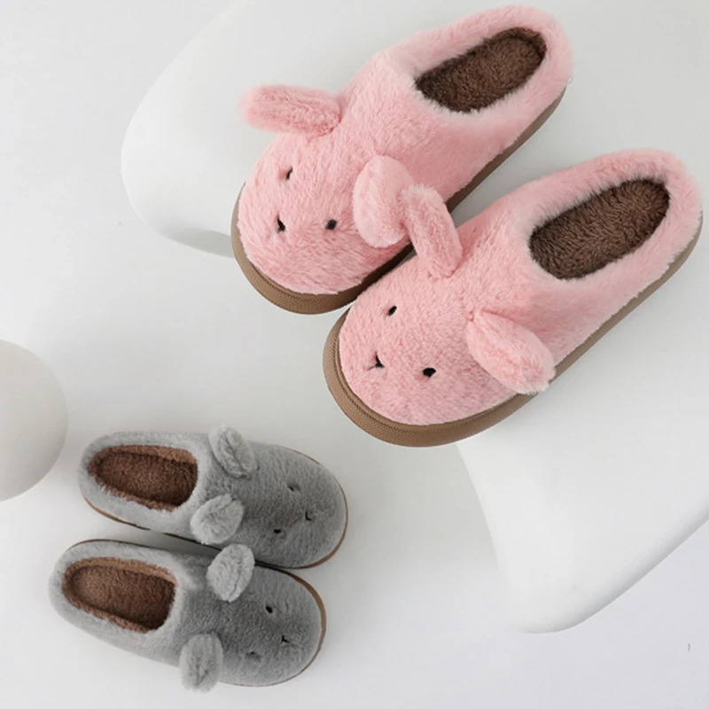 

Тапочки меховые женские, толстая подошва 4 см, теплые, с рисунком кролика