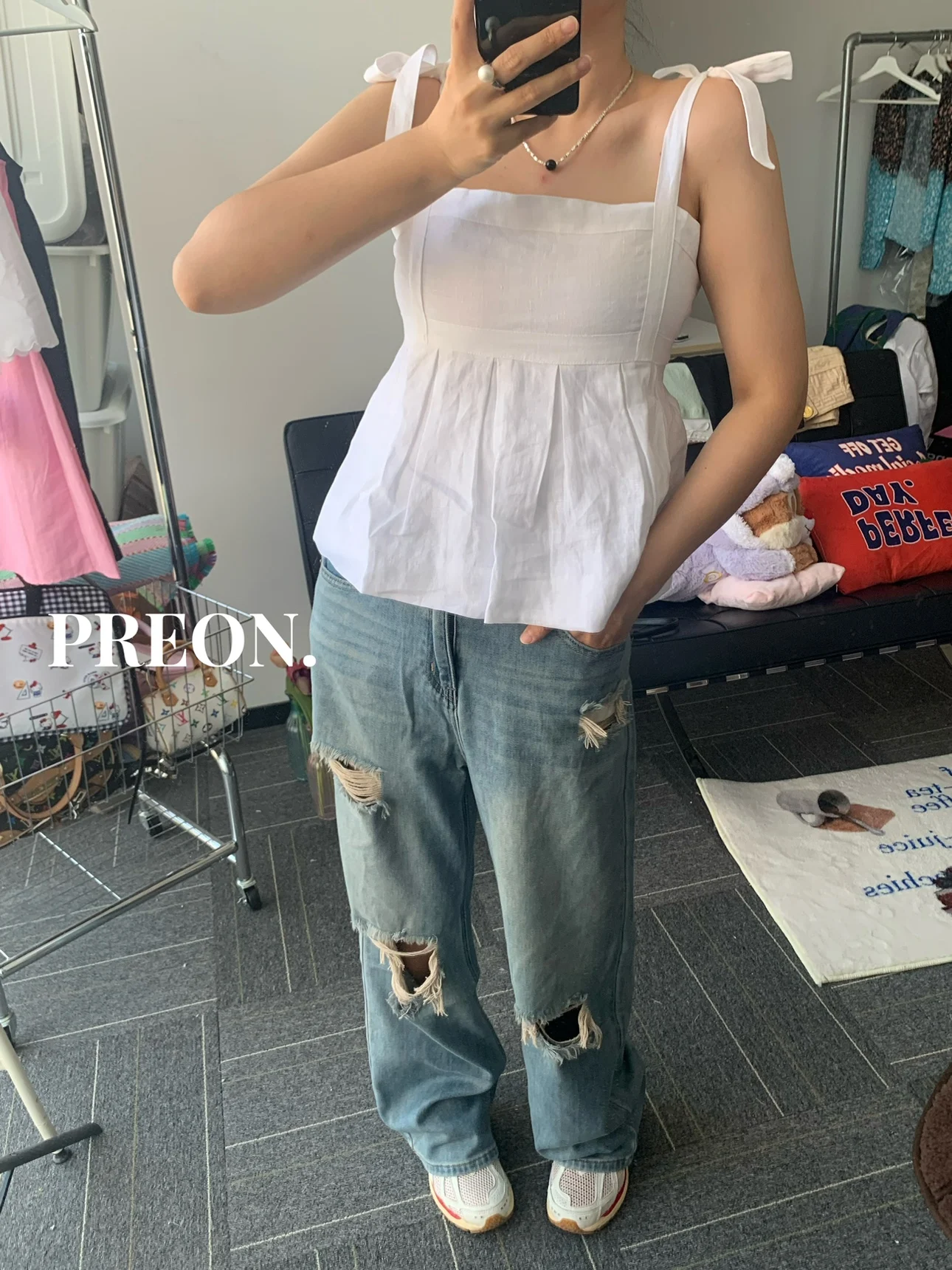 Preon Summer New Bow Bandage White Loose Sling Cotton Linen Vest Top Barnnet Sle