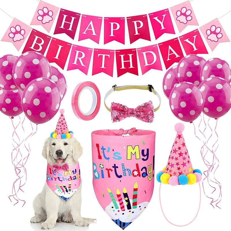 

Набор для вечеринки на день рождения собаки бандана шарф собака шапка в горошек воздушный шар баннер собака украшения на день рождения