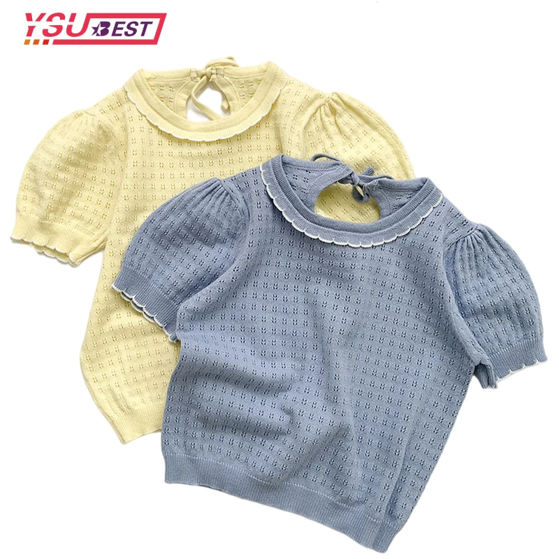 

Детские вязаные свитера, летний однотонный пуловер для малышей, топы, пуловер с коротким рукавом и воротником в виде листьев лотоса для маленьких девочек, пуловеры, Свитера