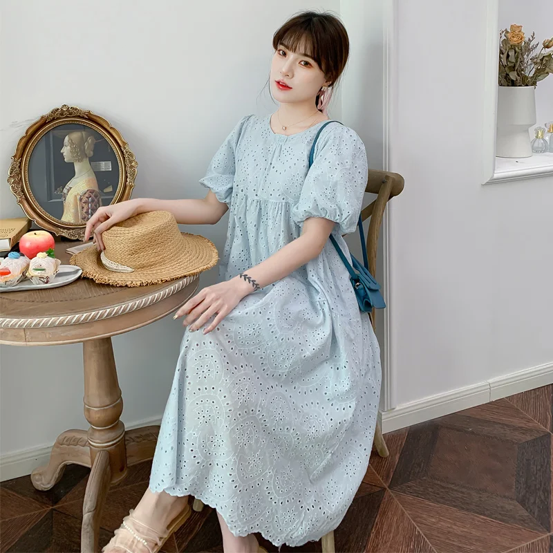 Fashion Pregnancy Long Dress Loose Pregnant Women Summer Cotton Dress Hollow Out Lace High Waist Maternity Holiday Clothes